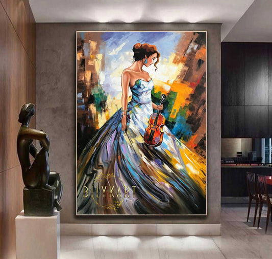 Original Violin Oil Painting on Canvas Modern Extra Large Abstract Brown Wall Art Classical Music Gold Frame Painting Violin Wall Decor