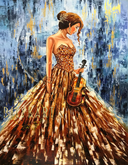 Abstract Women Painting Original Girl Playing an Instrument Art Violin Gift Large Blue Abstract Painting Violin Artwork Music Painting