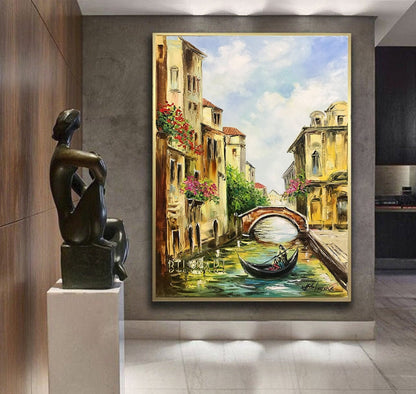 Venice Italy Oil Painting on Canvas Venetian Paintings of Italy Wall Art Framed Venetian Landscape Painting Large Venice Canal Oil Painting