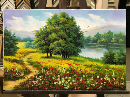 Landscape Nature Scenery Painting on Canvas Panoramic Landscape Oil Painting Original Wild Flower Field Painting Ukrainian Artwork