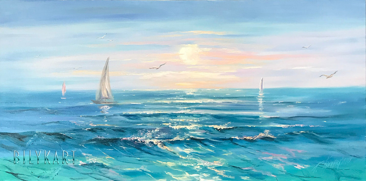 Large Ocean Oil Painting Original Blue Sea Wall Art Peaceful Ocean Painting on Canvas Large Seascape Painting Blue Canvas Art Ocean Artwork