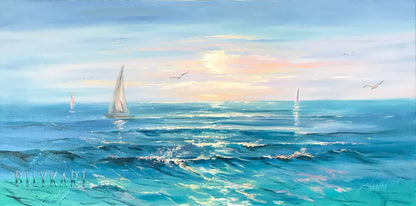 Large Ocean Oil Painting Original Blue Sea Wall Art Peaceful Ocean Painting on Canvas Large Seascape Painting Blue Canvas Art Ocean Artwork