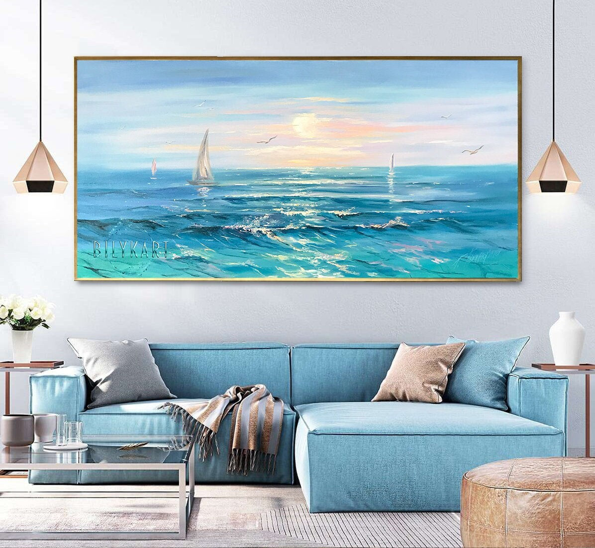 Large Ocean Oil Painting Original Blue Sea Wall Art Peaceful Ocean Painting on Canvas Large Seascape Painting Blue Canvas Art Ocean Artwork