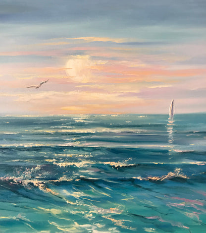 Large Ocean Oil Painting Original Blue Sea Wall Art Peaceful Ocean Painting on Canvas Large Seascape Painting Blue Canvas Art Ocean Artwork