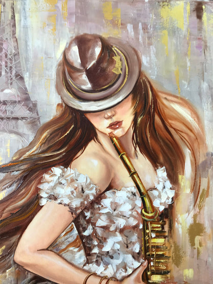 Abstract Figurative Painting Woman in Hat Playing Saxophone Oil Painting Figurative Art Jazz Painting Paris Painting Abstract Woman Art Gift