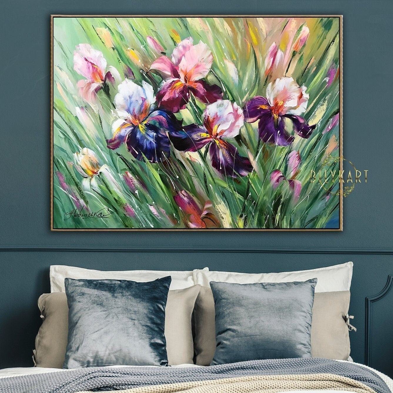 Iris Flowers Painting on Canvas Purple Flowers Oil Painting Original Iris Artwork Irises Painting Monet