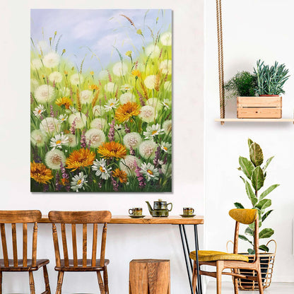 Flower Field Oil Painting Original Art Work Wildflower Meadow Painting on Canvas Dandelions Art Floral Meadow Painting Dandelion Flower Art