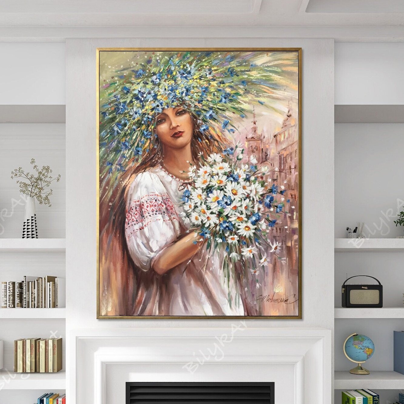 Ukrainian Girl Painting Original Woman with Bouquet Painting on Canvas Ukrainian Girl Art Ukraine Home Decor