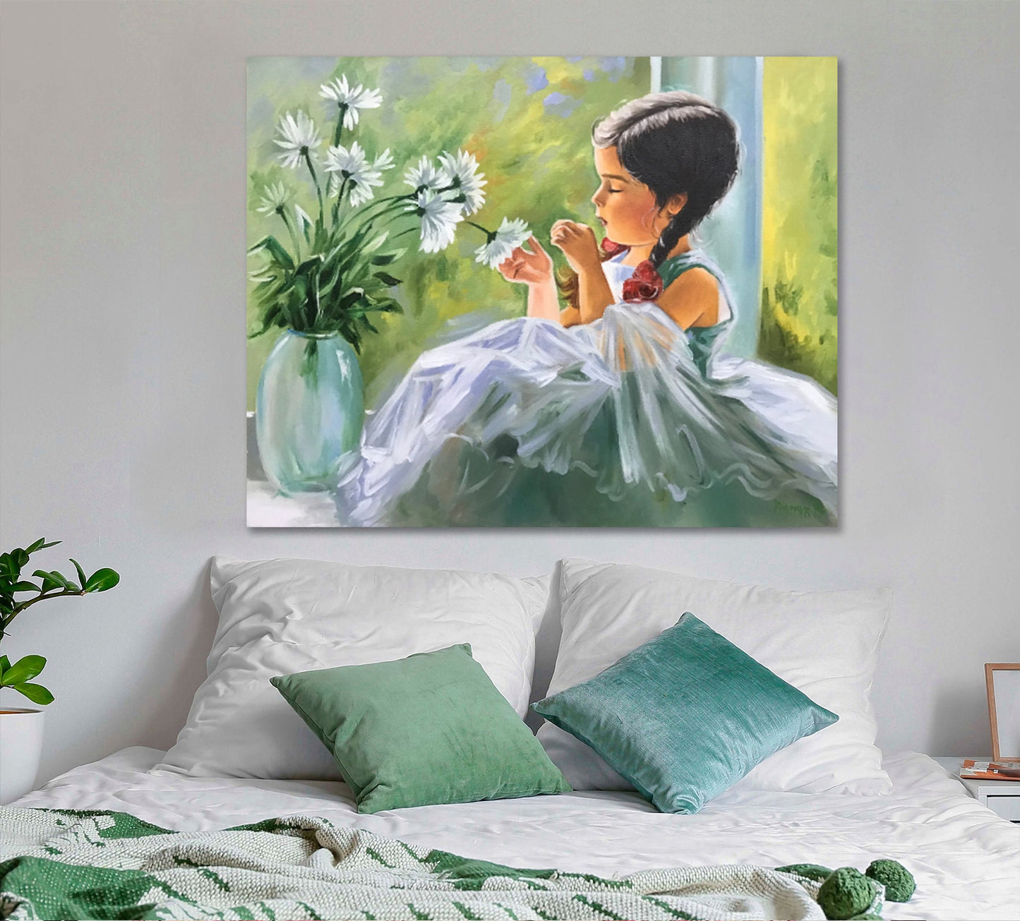 Little Girl Painting Original Artwork Small Oil Painting Aesthetic Room Decor for Kids Girl with Flowers Wall Art Green White Painting 16x20