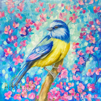 Bluebird Painting on Canvas Small Bird on Branch Oil Painting Original Bluebird Wall Art Bird in Blossom Tree Painting Gift for Bird Lover