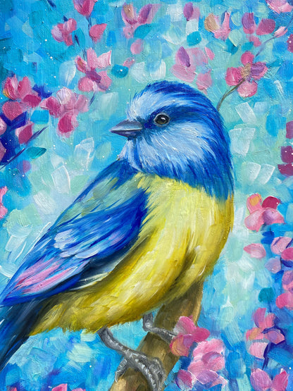 Bluebird Painting on Canvas Small Bird on Branch Oil Painting Original Bluebird Wall Art Bird in Blossom Tree Painting Gift for Bird Lover