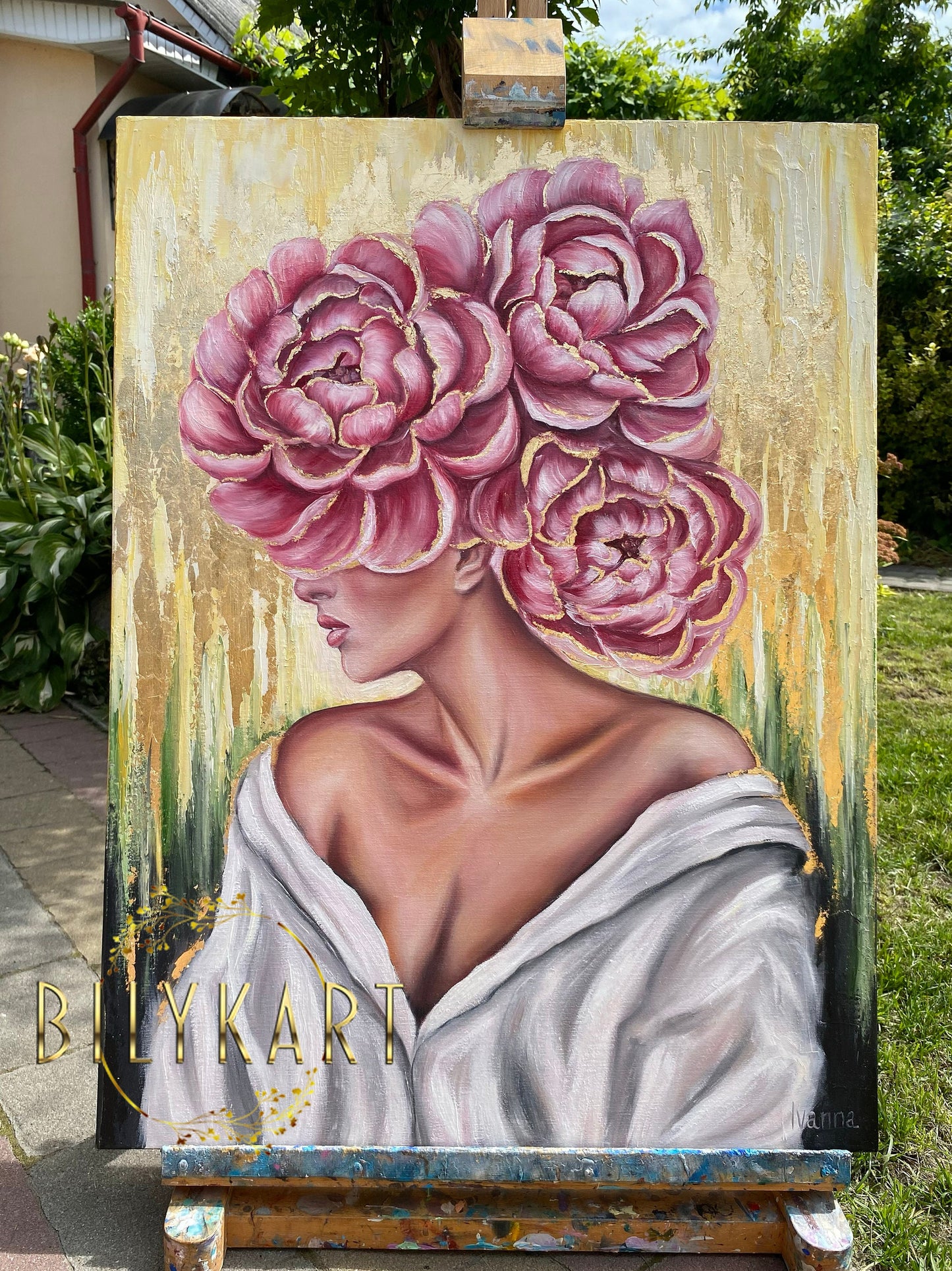 Beautiful Woman with Flowers on Head Painting Original Gold Leaf Floral Head Canvas Wall Art Girl with Flowers in her Hair Oil Painting