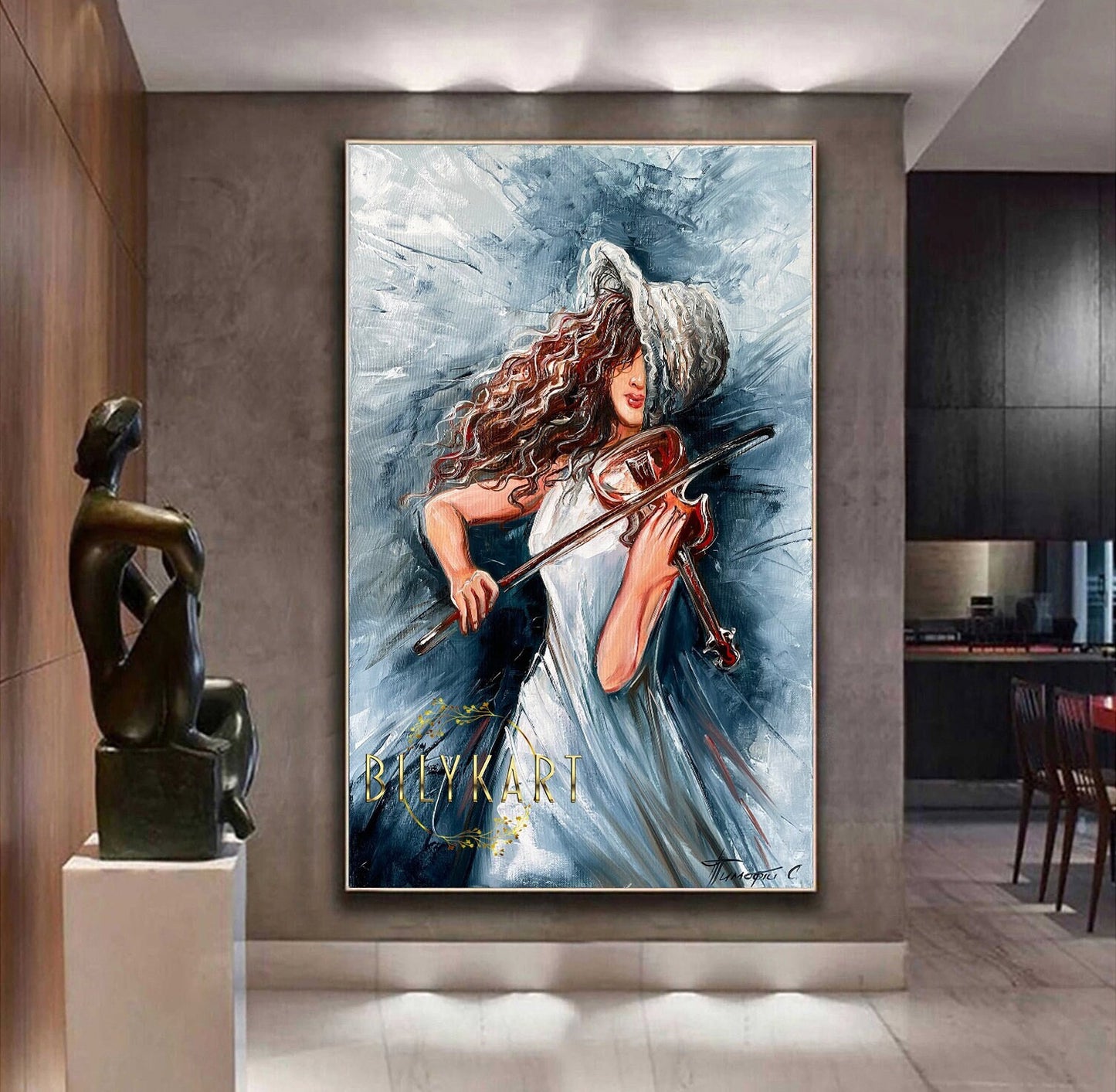 Girl Playing Violin Oil Painting Original Woman in Hat Canvas Wall Art Abstract Violin Art Music Painting Modern Living Room Wall Decor