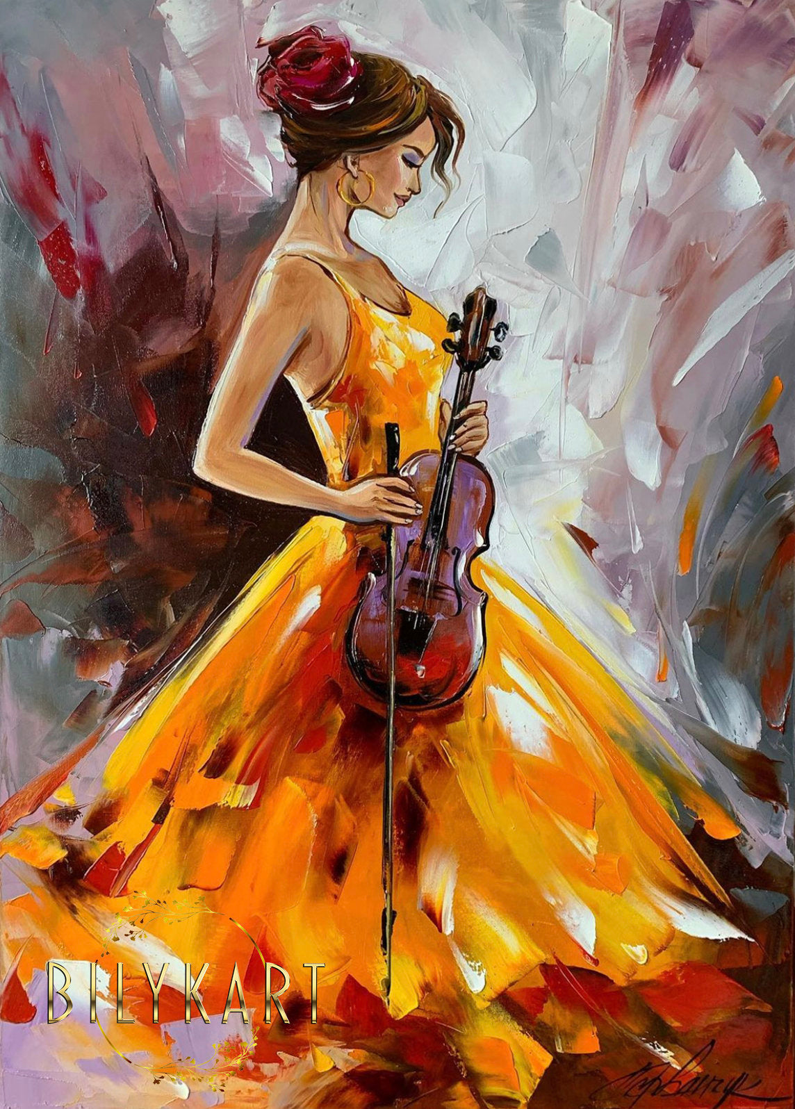 Abstract Girl Painting Beautiful Woman Art Violin Oil Painting Figurative Art Abstract Music Art Original Modern Woman in Dress Painting