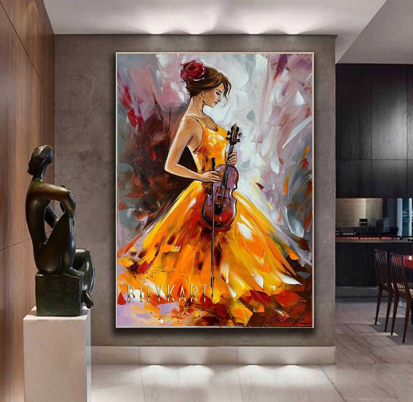 Abstract Girl Painting Beautiful Woman Art Violin Oil Painting Figurative Art Abstract Music Art Original Modern Woman in Dress Painting