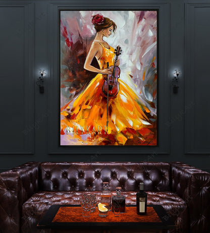 Abstract Girl Painting Beautiful Woman Art Violin Oil Painting Figurative Art Abstract Music Art Original Modern Woman in Dress Painting