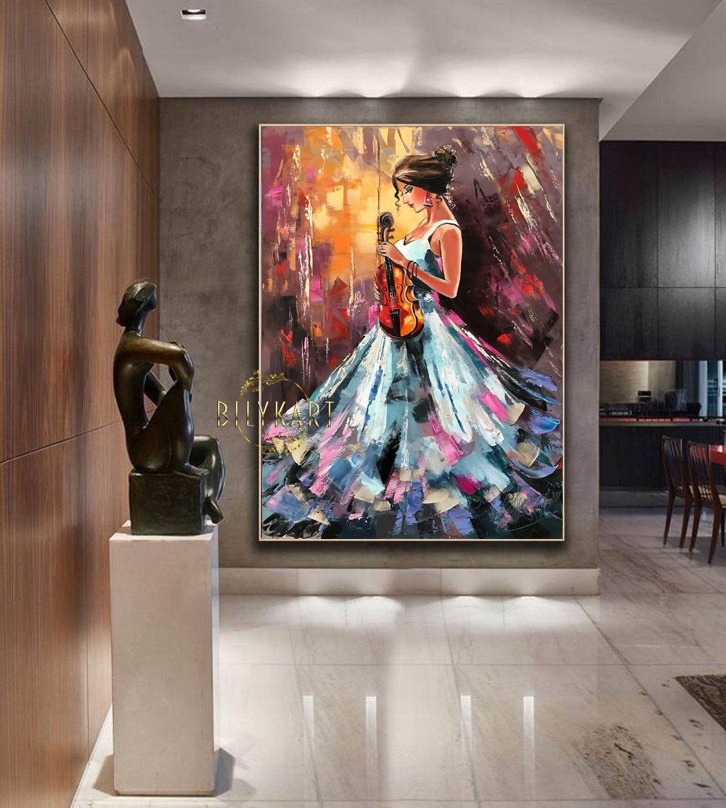 Large Girl with Violin Oil Painting On Canvas Abstract Girl Canvas Wall Art Extra Large Musician Abstract Painting Modern Violin Painting