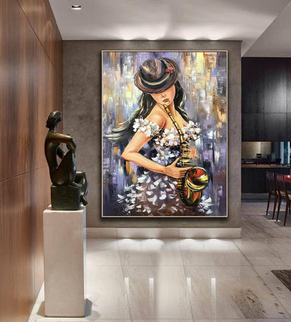 Jazz Painting Original Sax Player Wall Art Girl in Hat Painting Music Fan Gift Musician Artwork 24x36 Modern Saxophone Woman Oil Painting