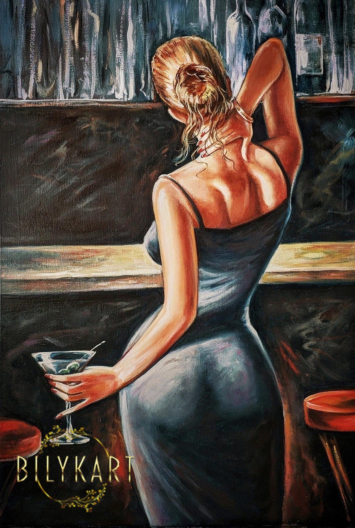 Elegant Woman Back Oil Painting of Woman from Behind Original Art Luxury Girl in Bar Cocktail Art Bar Wall Decor Modern Alcohol Painting