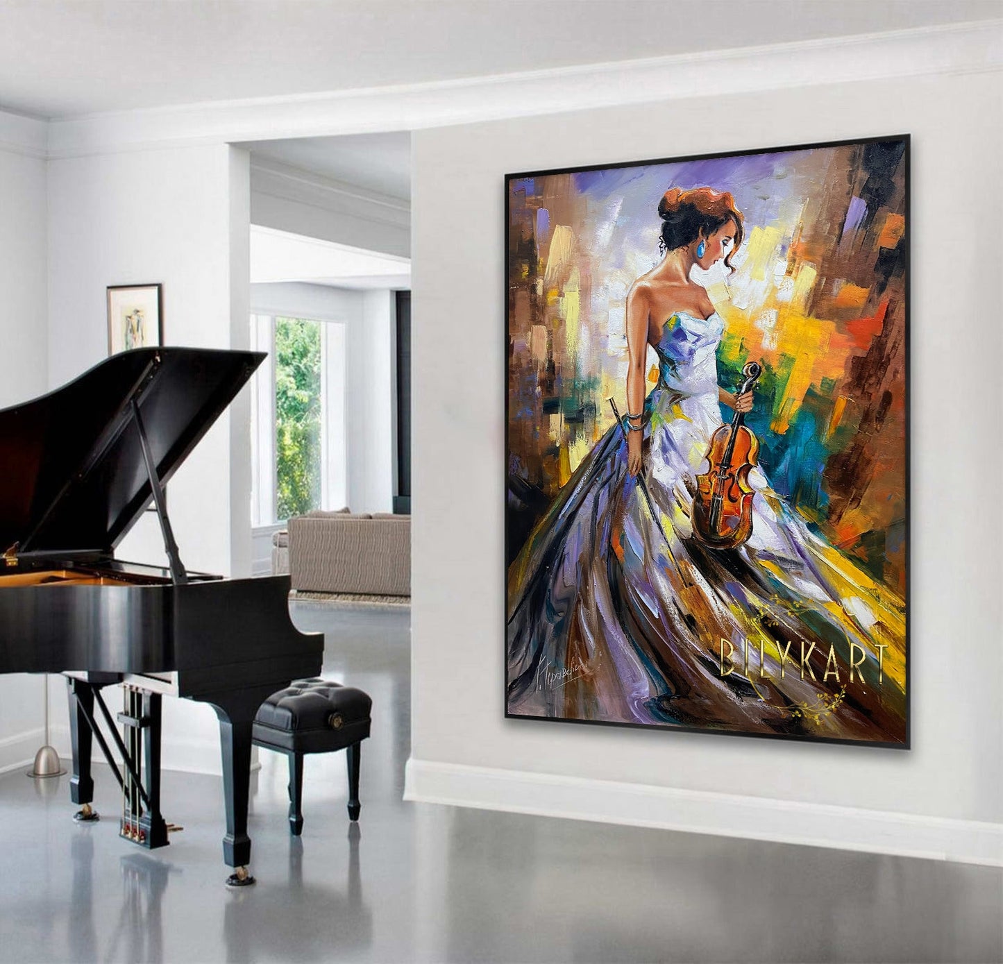 Lady with Violin Oil Painting Original Women 36x48 Canvas Wall Art Girl Large Musician Abstract Painting Modern Colorful Violinist Painting