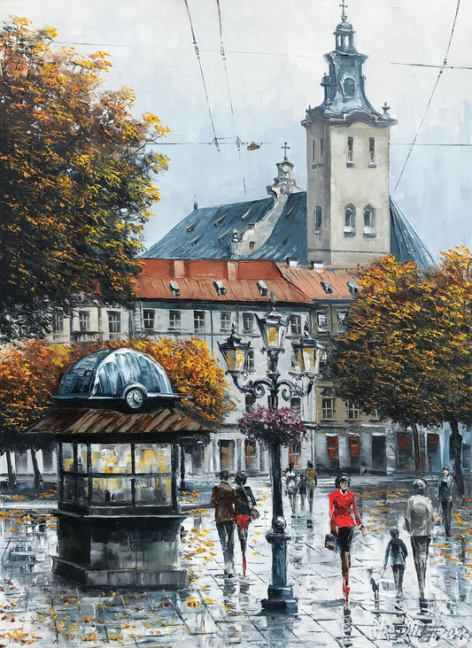 Prague Oil Painting Original City Street Scene Painting Prague Wall Art Autumn City Wall Art Large European Town Painting Europe Wall Art