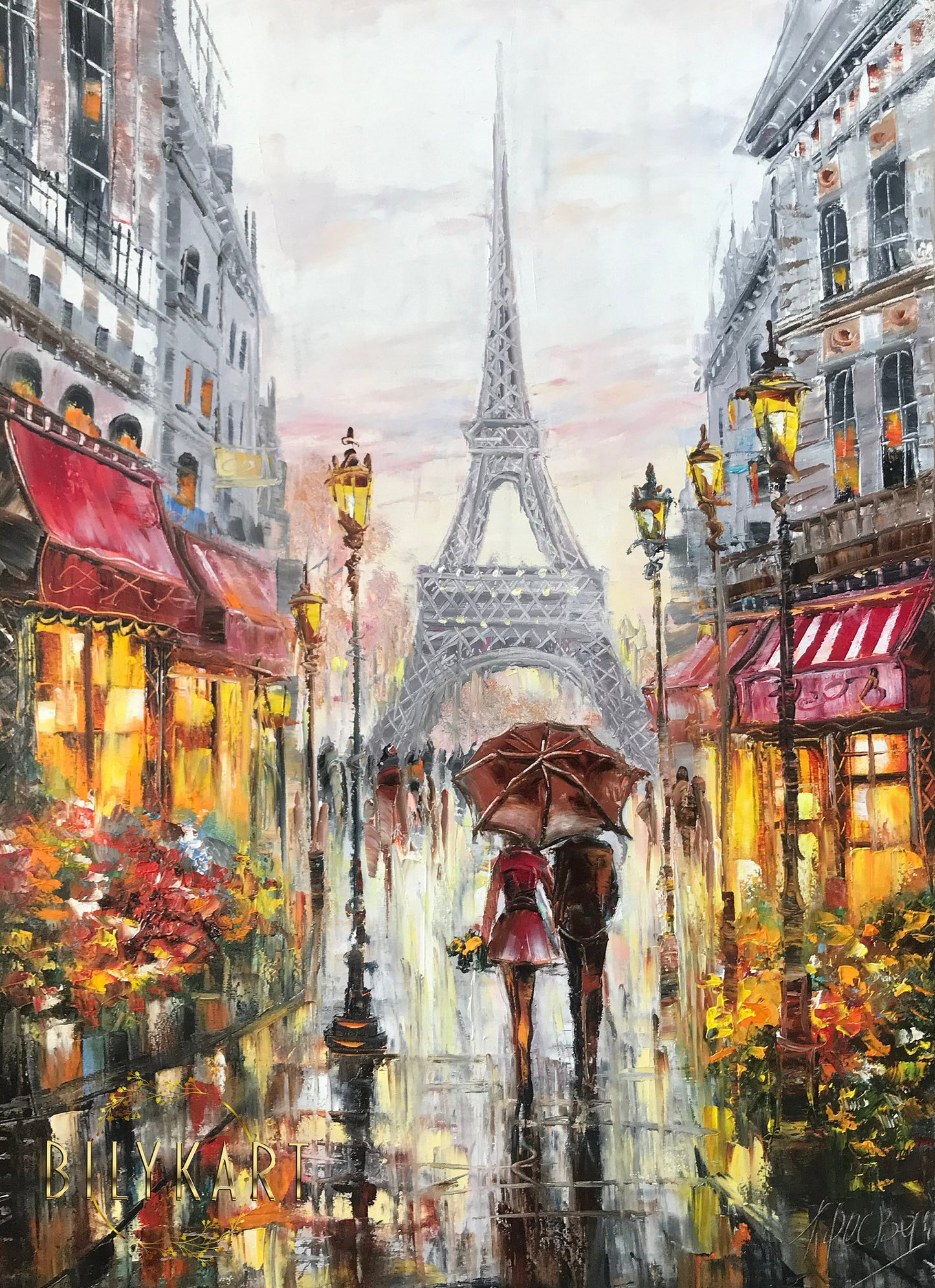 Couple Walking in Paris Oil Painting Original Rainy Day in Paris Street Scene Art Couple Under Red Umbrella Painting on Canvas