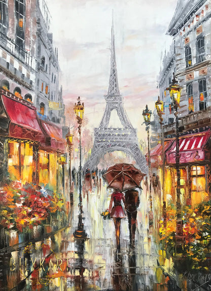 Couple Walking in Paris Oil Painting Original Rainy Day in Paris Street Scene Art Couple Under Red Umbrella Painting on Canvas
