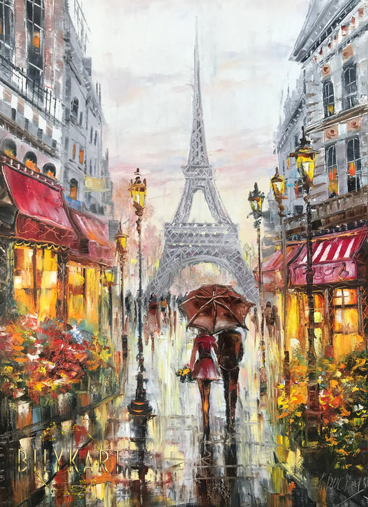 Couple Walking in Paris Oil Painting Original Rainy Day in Paris Street Scene Art Couple Under Red Umbrella Painting on Canvas