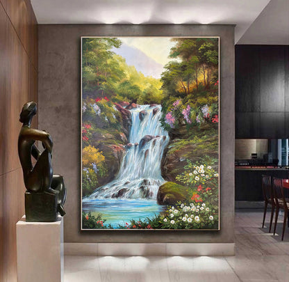 Tropical Waterfall Original Painting on Canvas Landscape Wall Art 100% Hand Painted Oil Painting Framed Forest Art Decor Paradise Painting