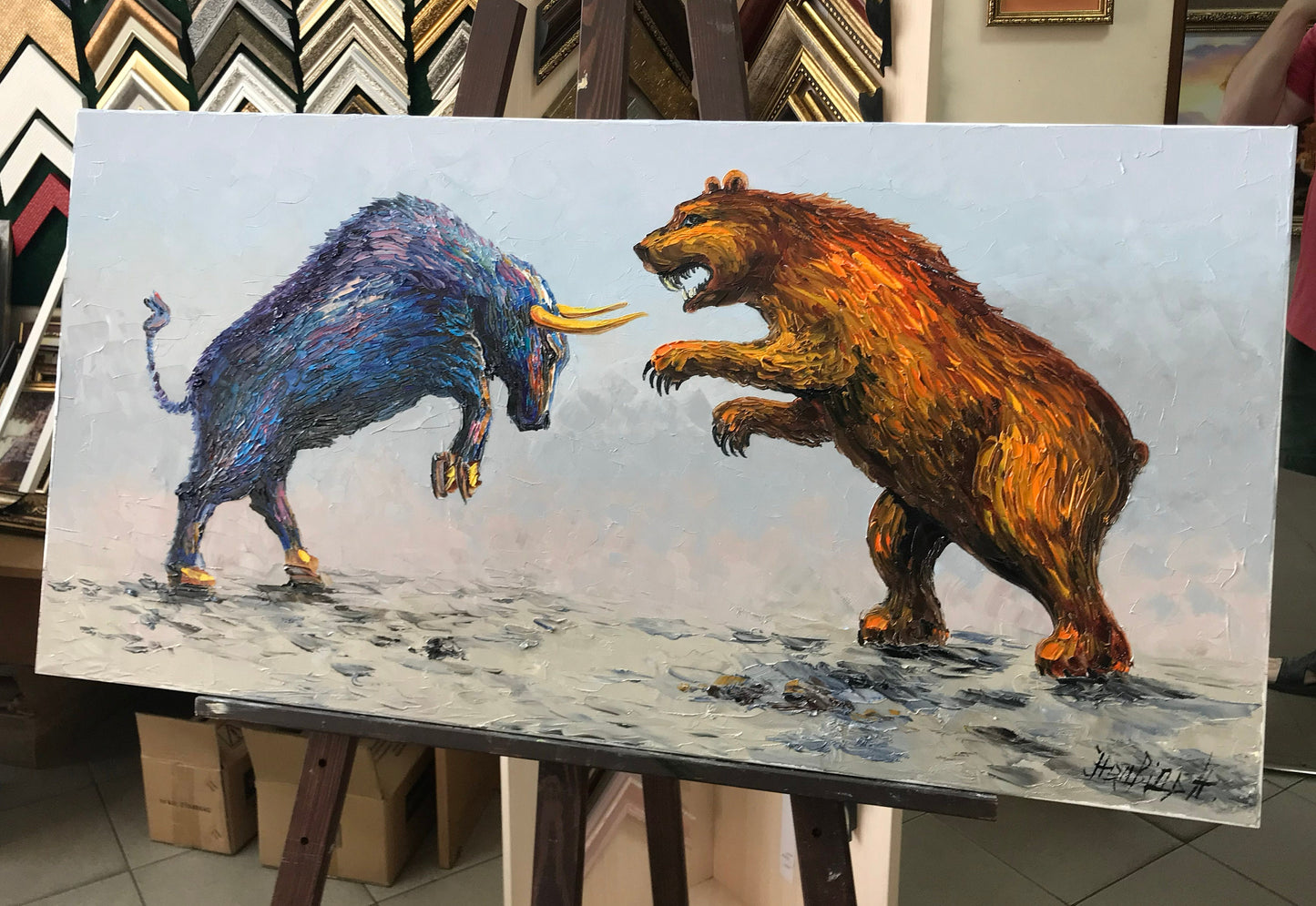 Bull vs Bear Painting on Canvas Wall Street Bull and Bear Stock Market Wall Art Stock Exchange Artwork Bear vs Bull Oil Painting Original