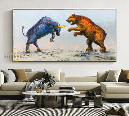 Large Bull Bear Oil Painting Original Abstract Bull and Bear Wall Art Stock Market Wall Art Extra Large Wall Street Bull vs Bear Painting