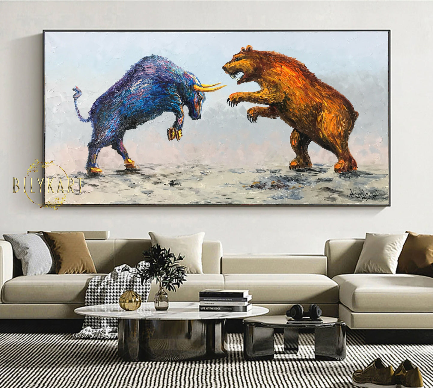 Bull vs Bear Painting on Canvas Wall Street Bull and Bear Stock Market Wall Art Stock Exchange Artwork Bear vs Bull Oil Painting Original