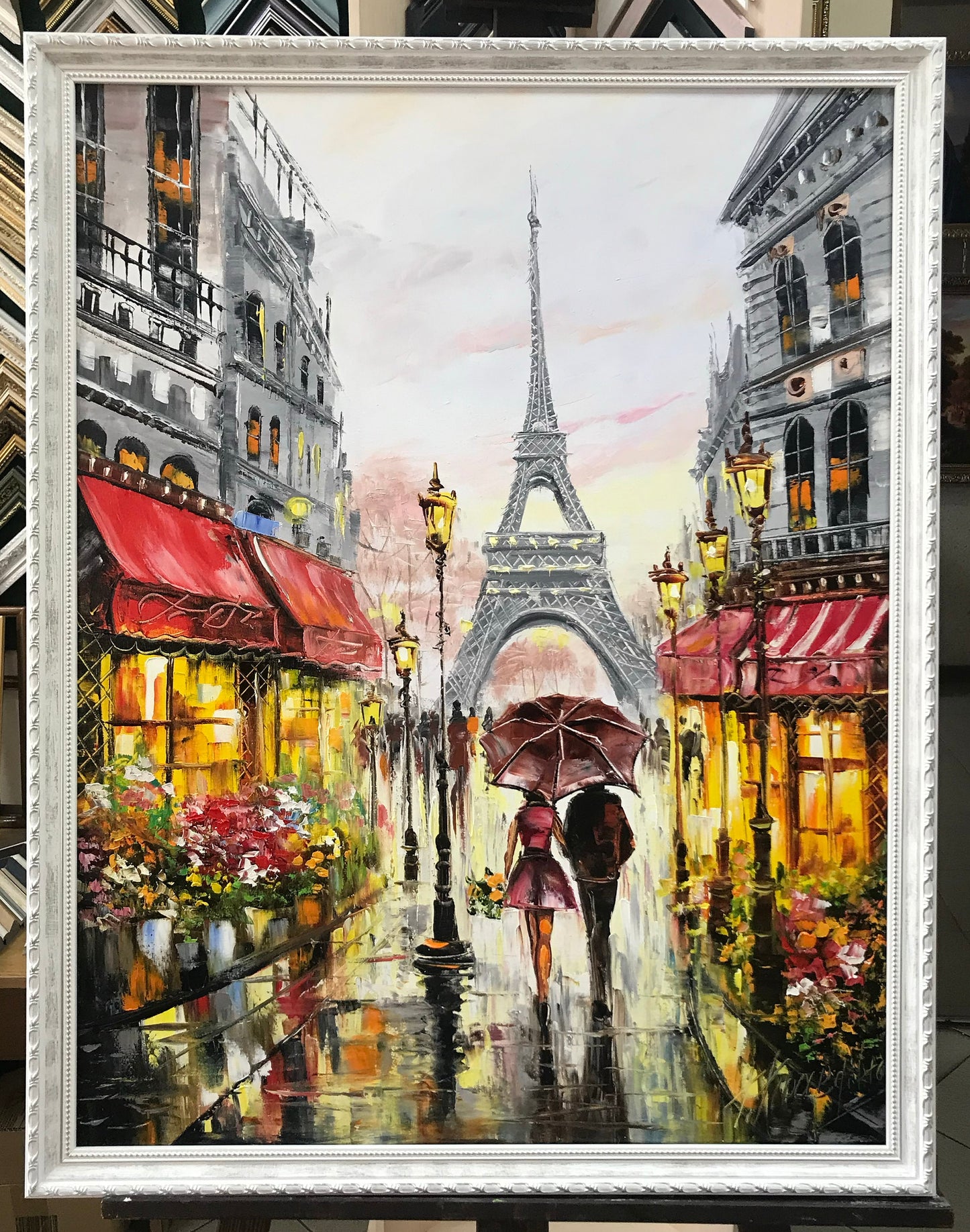 Couple Walking in Paris Oil Painting Original Rainy Day in Paris Street Scene Art Couple Under Red Umbrella Painting on Canvas