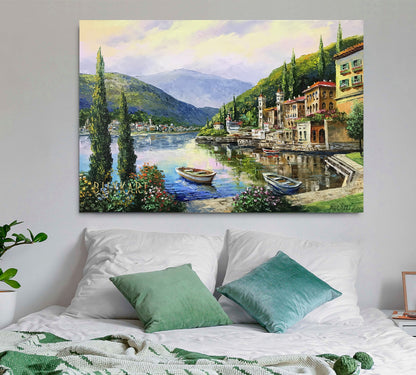 Lake Como Italy Oil Painting Original Famous Bellagio Italy Painting Varenna Wall Art Lago Di Como Italy Paintings
