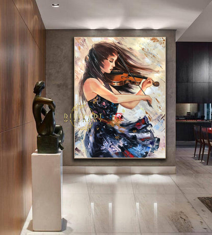 Abstract Portrait Girl Playing Violin Oil Painting Original Large Woman Face Wall Art Modern Big Wall Painting Violin Wall Art Music Artwork