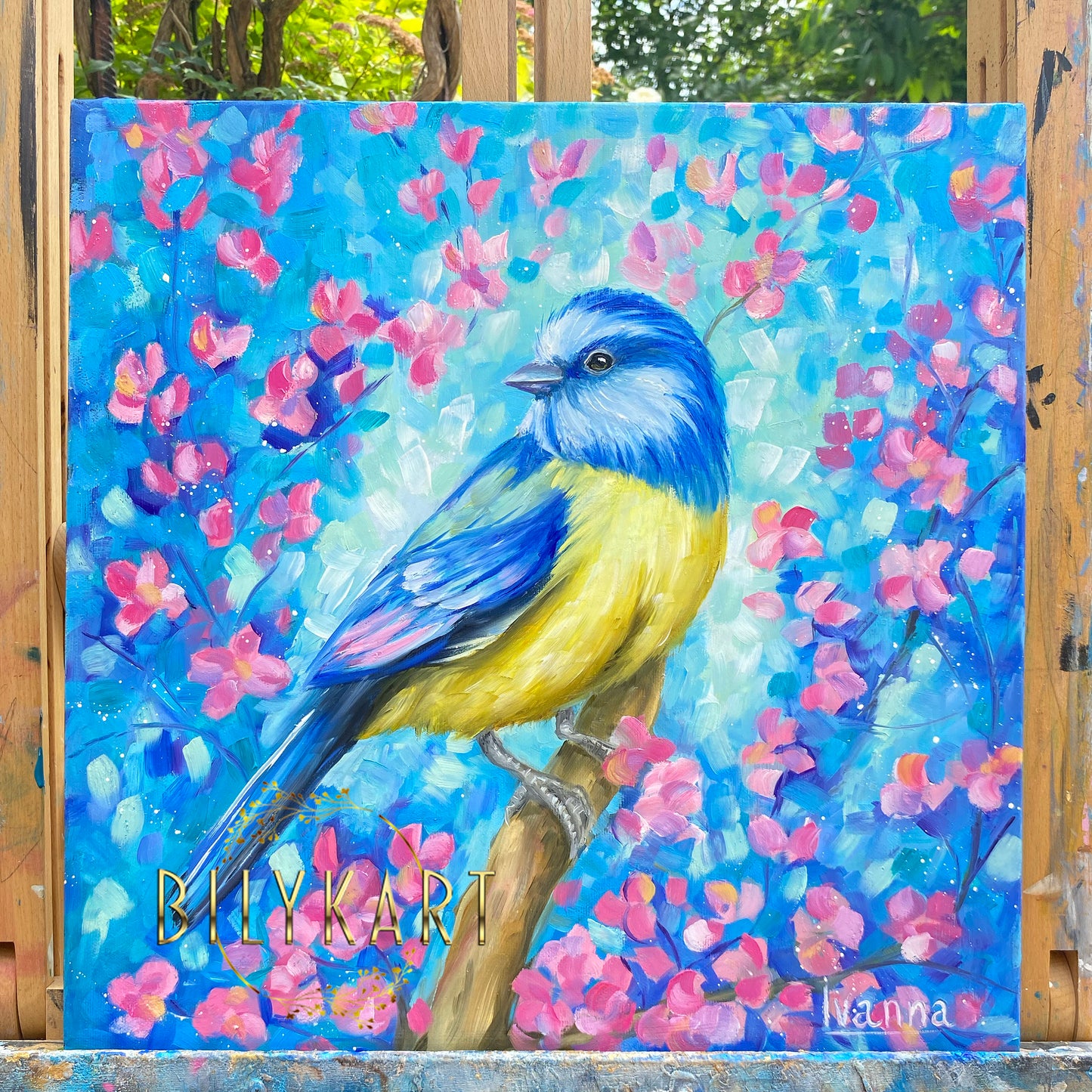 Bluebird Painting on Canvas Small Bird on Branch Oil Painting Original Bluebird Wall Art Bird in Blossom Tree Painting Gift for Bird Lover