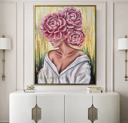 Beautiful Woman with Flowers on Head Painting Original Gold Leaf Floral Head Canvas Wall Art Girl with Flowers in her Hair Oil Painting