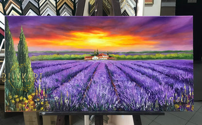 Lavender Field Landscape Oil Painting Original Tuscan Villa Framed Wall Art Sunset Landscape Painting Italy Artwork Tuscany Painting 18x36