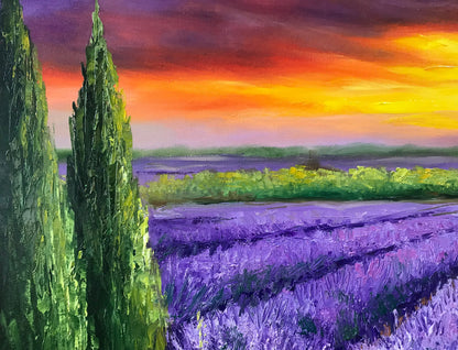 Tuscany Painting Original Italian Landscape Painting on Canvas Lavender Farm Wall Art Lavender Field Painting Sunset Italy Tuscan Paintings