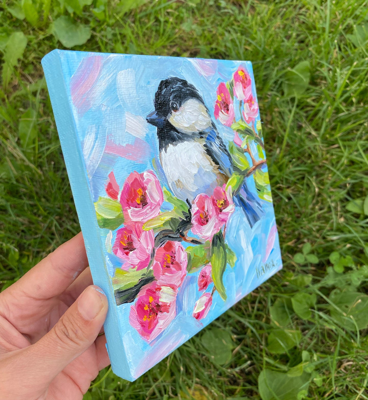 Chickadee Painting on Canvas Cute Bird Oil Painting Original Small Bird Wall Art Chickadee Art Bird on Branch Painting Gift for Bird Lovers