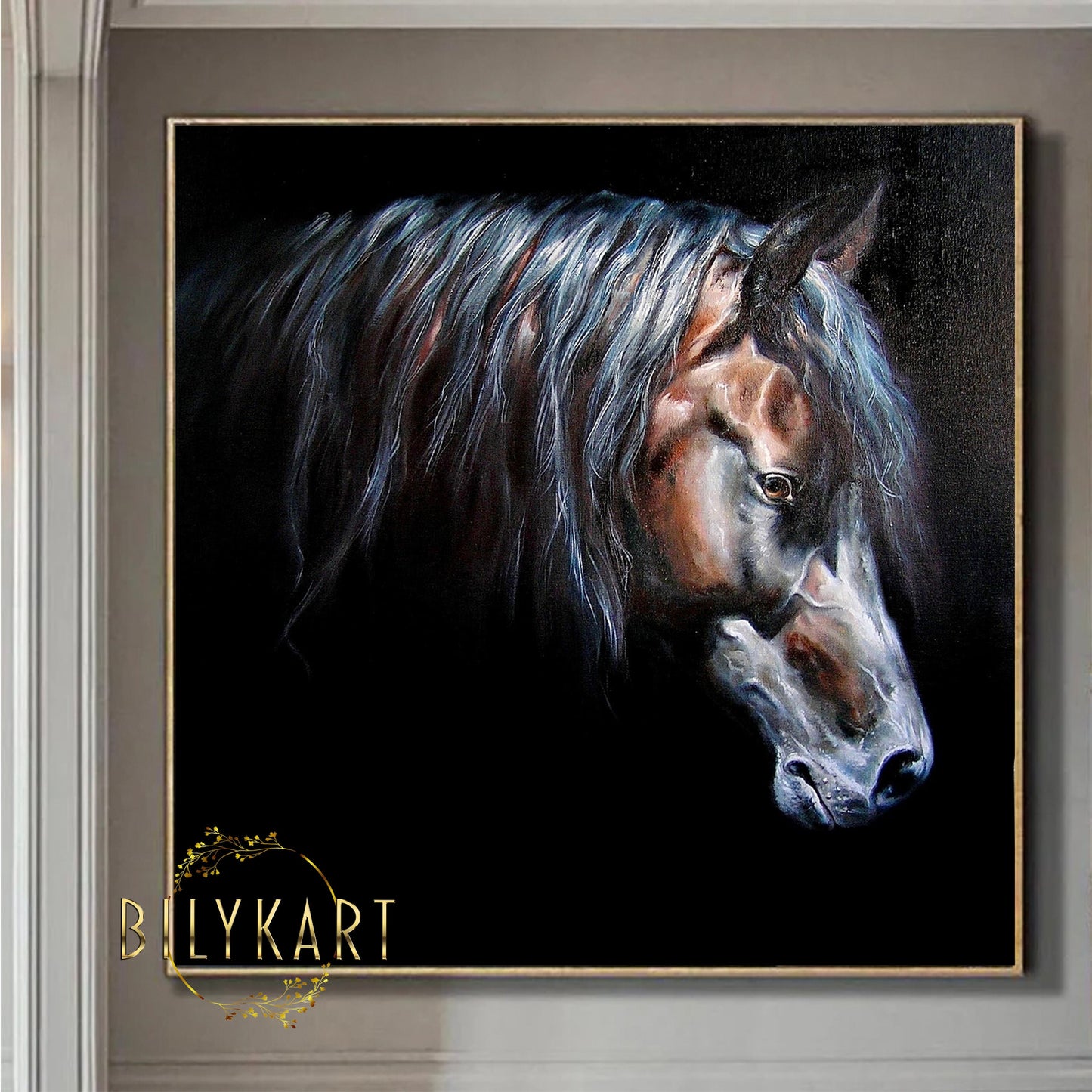 Horse Head Oil Painting Original Abstract Animal Decor Black Art Wild Animal Painting Gift for Horse Lover Black Horse Painting on Canvas