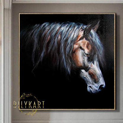 Horse Head Oil Painting Original Abstract Animal Decor Black Art Wild Animal Painting Gift for Horse Lover Black Horse Painting on Canvas