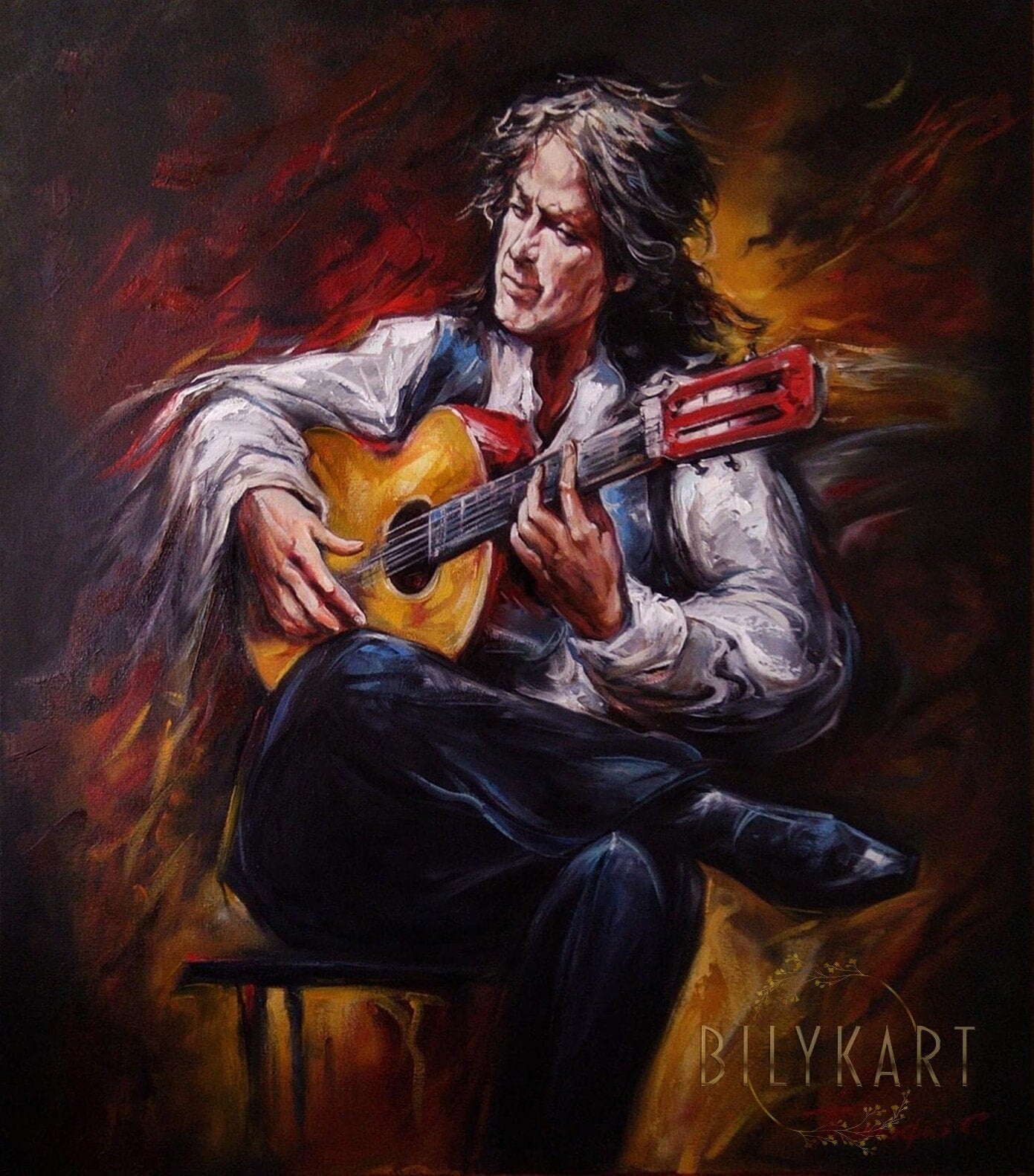 Guitarist Painting on Canvas Guitar Oil Painting Original Art Music Studio Art Mexican Guitar Player Paintings on Canvas Guitar Artwork Gift