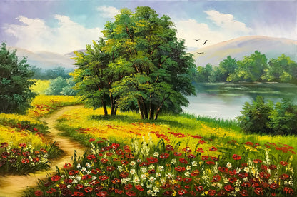 Landscape Nature Scenery Painting on Canvas Panoramic Landscape Oil Painting Original Wild Flower Field Painting Ukrainian Artwork