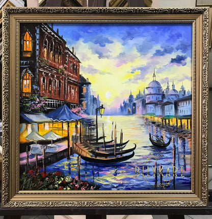 Venice Framed Oil Painting Original Venetian Paintings Sunset in Venice Italy Canvas Wall Decor Italian Landscape Paintings for sale 16x16"