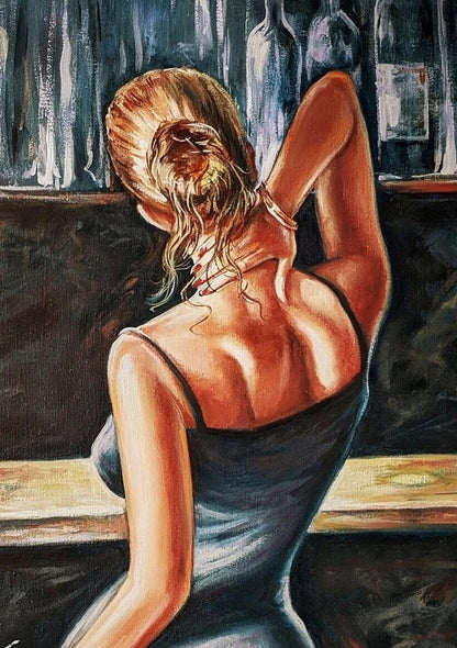 Elegant Woman Back Oil Painting of Woman from Behind Original Art Luxury Girl in Bar Cocktail Art Bar Wall Decor Modern Alcohol Painting