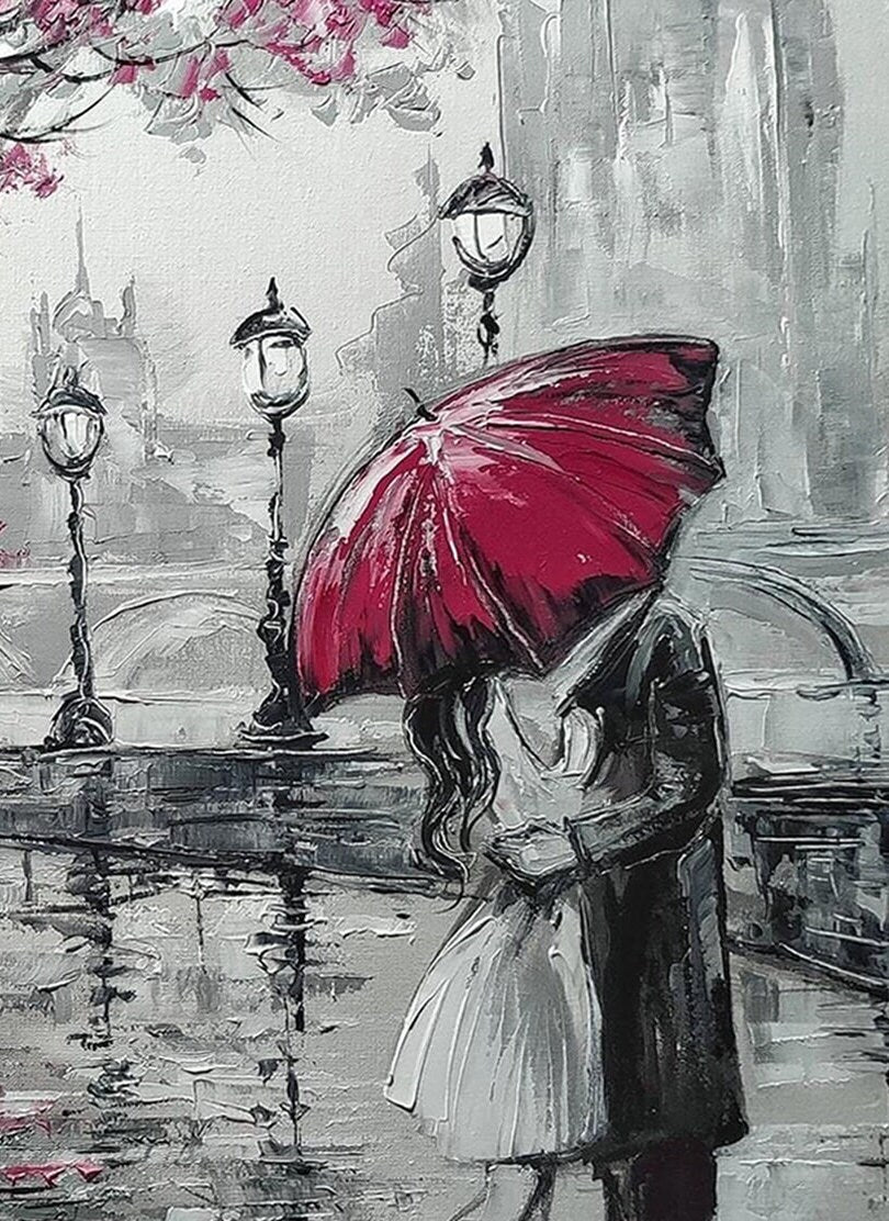 Couple Under Umbrella Painting on Canvas Romantic Art Parisian Wall Art Kiss Painting Pink Paris Oil Painting Original Lovers Art