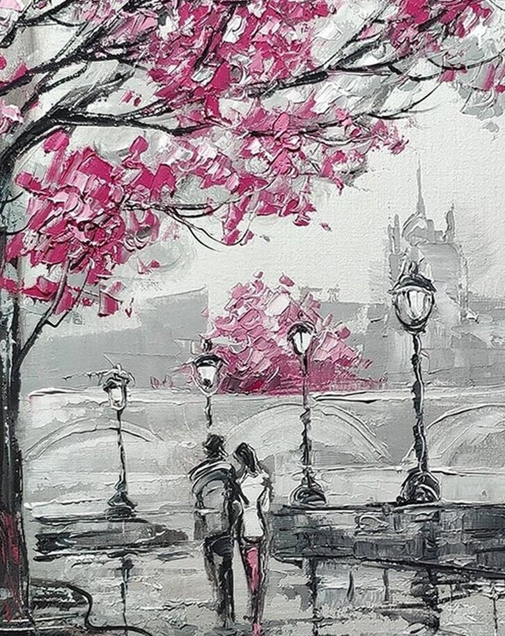 Couple Under Umbrella Painting on Canvas Romantic Art Parisian Wall Art Kiss Painting Pink Paris Oil Painting Original Lovers Art