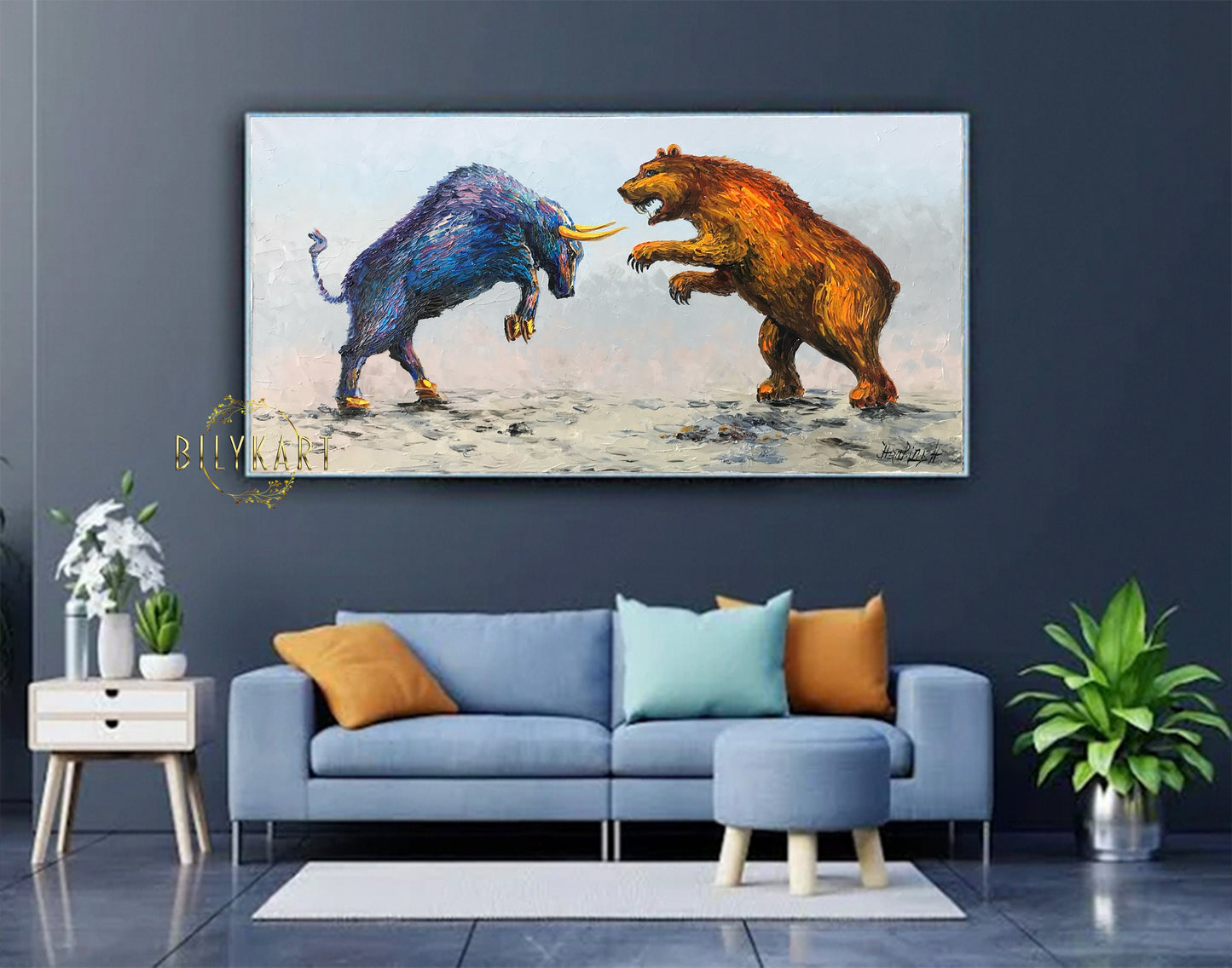 Large Bull Bear Oil Painting Original Abstract Bull and Bear Wall Art Stock Market Wall Art Extra Large Wall Street Bull vs Bear Painting