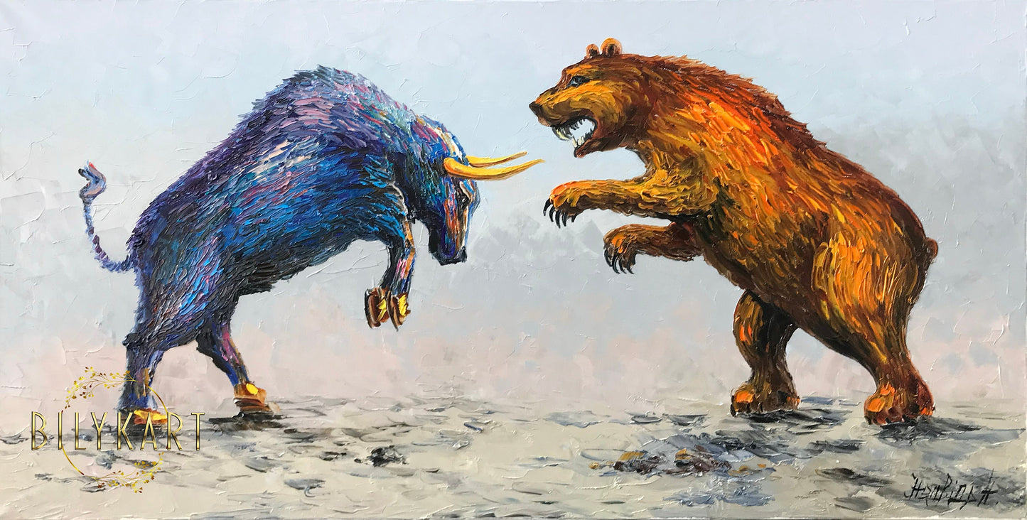 Bull vs Bear Painting on Canvas Wall Street Bull and Bear Stock Market Wall Art Stock Exchange Artwork Bear vs Bull Oil Painting Original